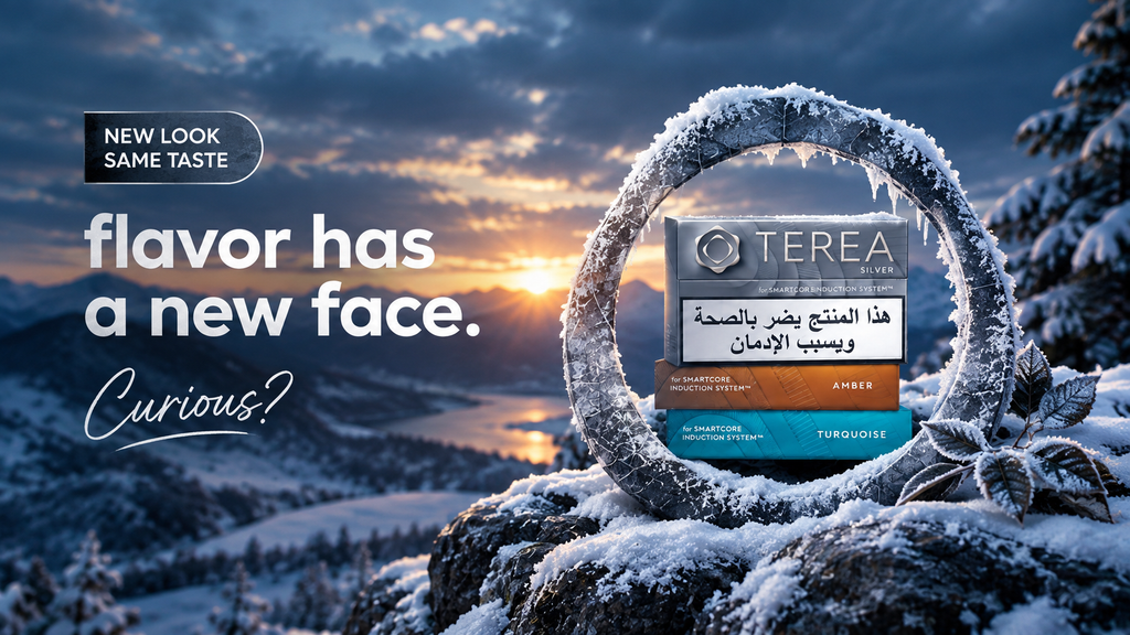 Terea Silver, Amber, and Turquoise tobacco packs in a winter landscape