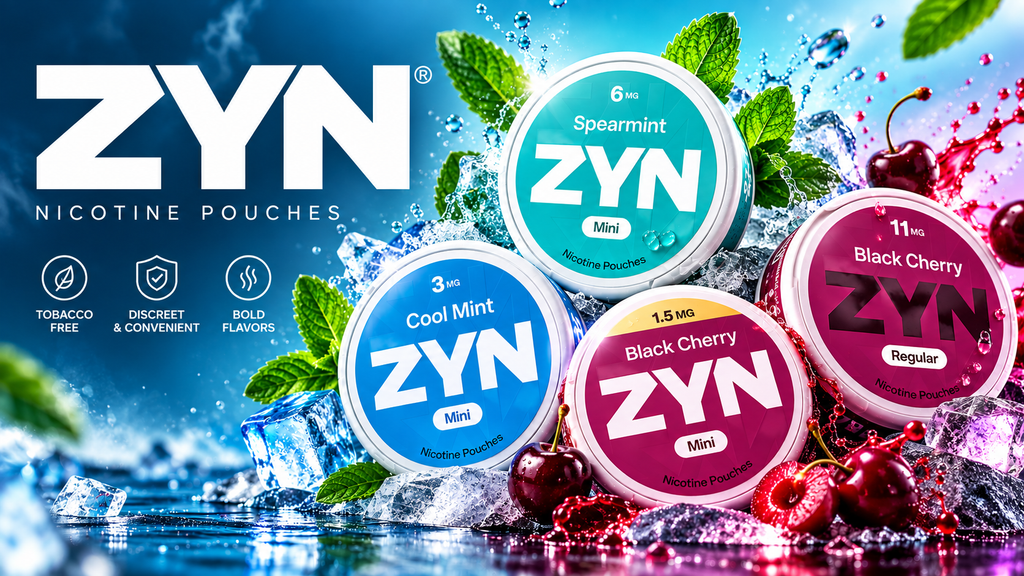 ZYN nicotine pouch tins in spearmint, cool mint, and black cherry flavors
