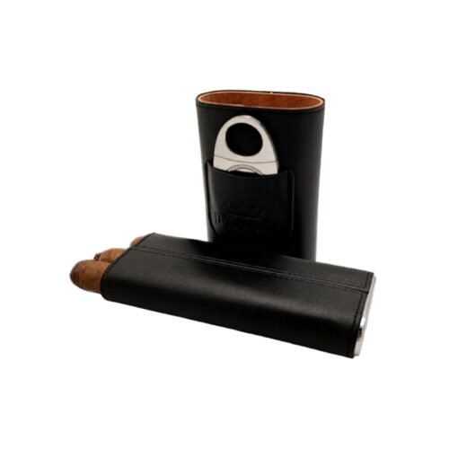 Flame Black Leather 3 Cigar Holder with Stainless Steel Cutter